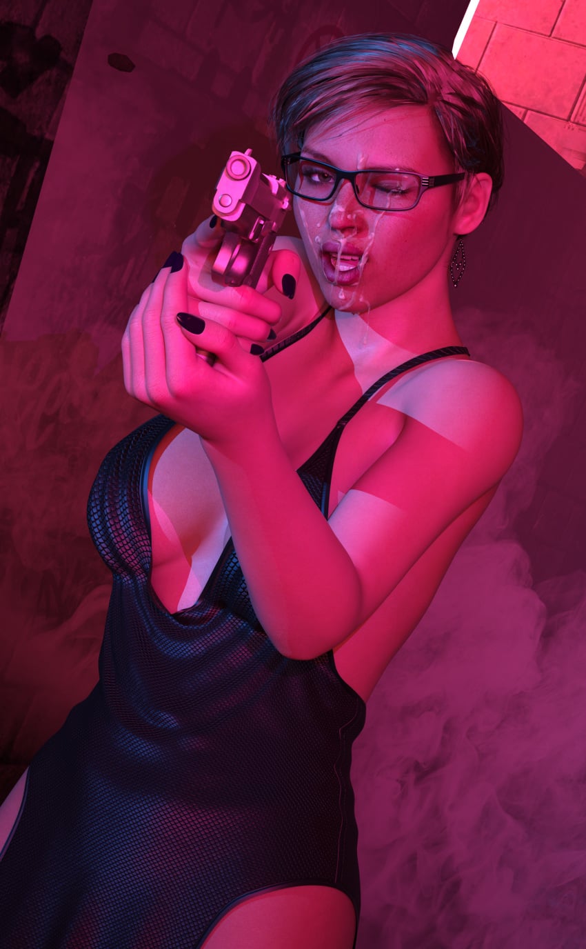 1girls 3d big_breasts blonde_hair breasts cassie_cage cleavage cum cum_on_face female glasses gun hd-720p mortal_kombat solo