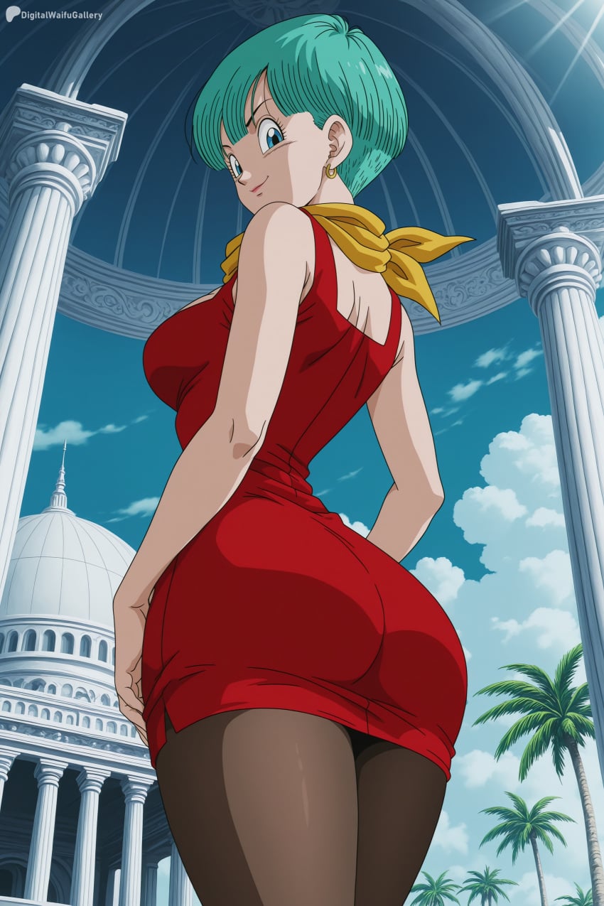 1girl ai_generated aqua_hair ass bare_shoulders black_pantyhose blue_eyes blue_hair blue_sky breasts closed_mouth cloud day digitalwaifugallery dress earrings from_behind from_below hi_res high_quality high_resolution jewelry large_breasts looking_at_viewer looking_back neckerchief outdoors palm_tree pantyhose patreon patreon_username red_dress scarf seductive sexy short_dress short_hair sky sleeveless_dress smile solo tree uncensored watermark