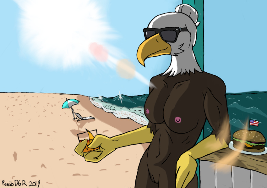 2019 accipitrid accipitriform avian bald_eagle beach beverage bird breasts burger digital_media_(artwork) eagle eyewear female food hi_res muscular nipples nude pencilsdgr pussy sea sea_eagle seaside solo sunglasses water