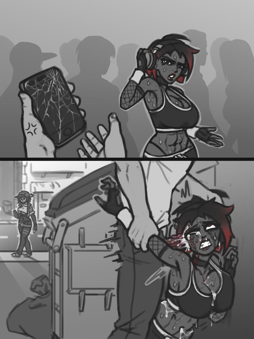 1boy 1girls black_hair blood brain_fuck brain_matter breasts broken_phone choker clothed comic corpse cum cum_in_ear cum_on_body cum_on_breasts cum_on_face dark-skinned_female death ear_penetration empty_eyes english_text fingerless_gloves fishnet_armwear gloria_(gurochanop) gore guro gurochanop headphones huge_breasts necrophilia nipples rape red_eyes red_hair sex short_hair skull_fucking snuff sports_bra streaked_hair
