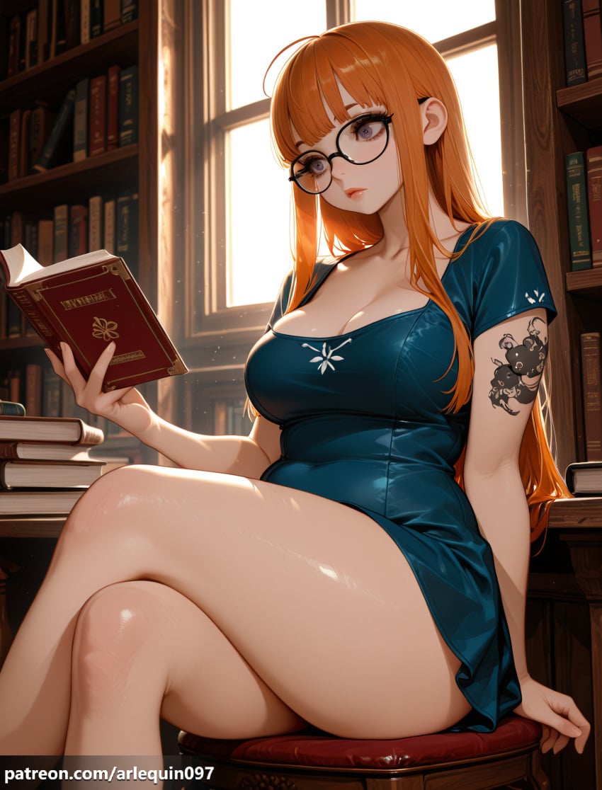 1girl ahoge ai_generated arlequin097 arm_tattoo bare_legs black-framed_eyewear blue_dress blunt_bangs book book_stack bookshelf breasts cleavage closed_mouth collarbone crossed_legs curvy day dress feet_out_of_frame glasses holding holding_book indoors large_breasts legs library lips long_hair open_book orange_hair patreon_username persona persona_5 persona_5_royal plump purple_eyes reading round_eyewear sakura_futaba short_dress short_sleeves shoulder_tattoo sidelocks sitting solo sunlight tattoo thick_thighs thighs window