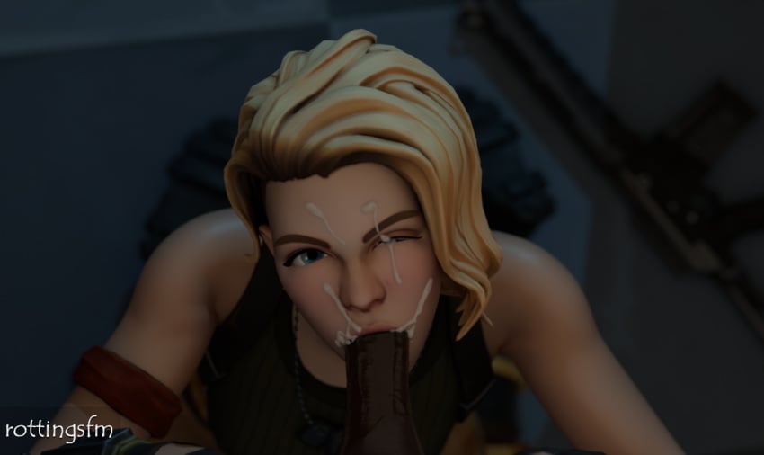 3d bare_arms blender blonde_hair blowjob blue_eyes boots clothed_female cum_in_eye cum_on_face dark-skinned_male dog_tags emmy_(fortnite) facial female_focus fingerless_gloves fortnite gun interracial kneeling light-skinned_female looking_at_viewer medium_hair penis_in_mouth pov rifle rottingsfm tank_top weapon