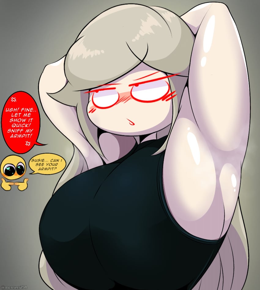 annoyed annoyed_expression annoyed_face armpit armpit_fetish armpit_tuft armpits arms_up blonde blonde_female blonde_hair long_hair my_ghost_friend red_eyes showing_armpits showing_off shy shy_expression smelly_armpits stinky_armpits susie_(dsand) turtleneck white_skin