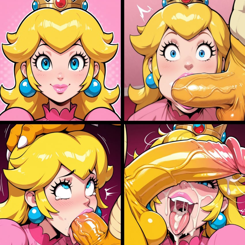 ahegao ai_generated bowser chipmunk cum cum_in_mouth deepthroat huge_cock mario_(series) naughty_face nintendo princess_peach split_screen surprised