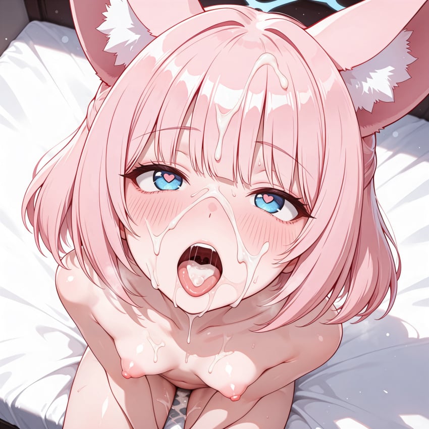 ai_generated animal_ear_fluff animal_ears blue_archive blue_eyes blush cum cum_in_mouth cum_on_face fox_ears fox_girl from_above halo heart-shaped_pupils heavy_breathing looking_at_viewer milfhunter228 naughty_face niko_(blue_archive) nude on_bed open_mouth pink_hair shiny_skin short_hair sitting solo_female tongue tongue_out