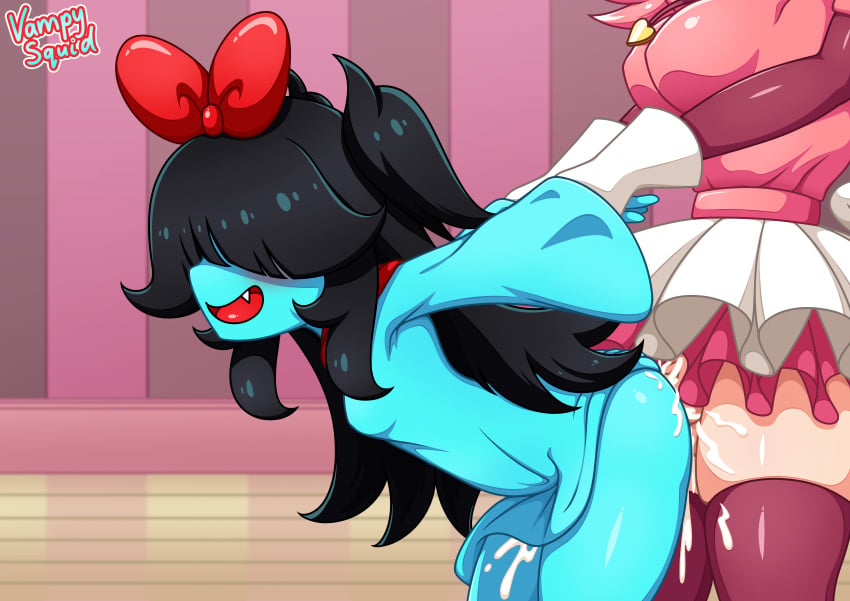 aqua_(deltarune) arms_behind_back arms_held_back ass bangs bangs_over_eyes big_breasts black_hair blue_skin cum cum_drip cum_in_pussy cum_inside cum_on_ass cum_on_body deltarune deltarune_chapter_5 dress excessive_cum female female_focus female_penetrated futa_on_female futanari long_hair mad_mew_mew pink_dress pink_hair size_difference thick_thighs thighs vampy_squid