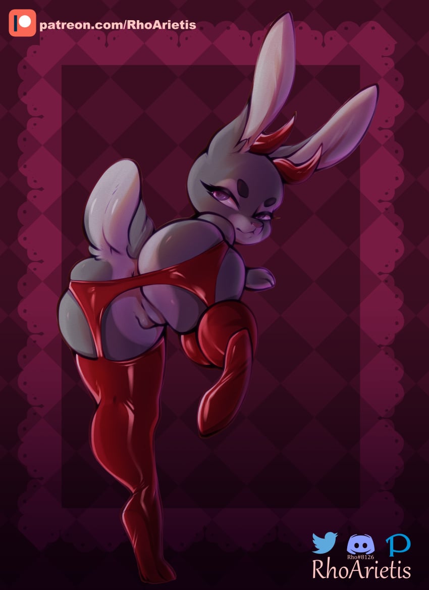 absurd_res anthro anus ass disney female female_focus fur furry furry_only grey_body grey_fur hi_res judy_hopps lagomorph leporid looking_at_viewer looking_back mammal mostly_nude naked nude purple_eyes pussy rabbit rear_view rhoarietis scut_tail solo solo_female solo_focus stockings tail text url zootopia