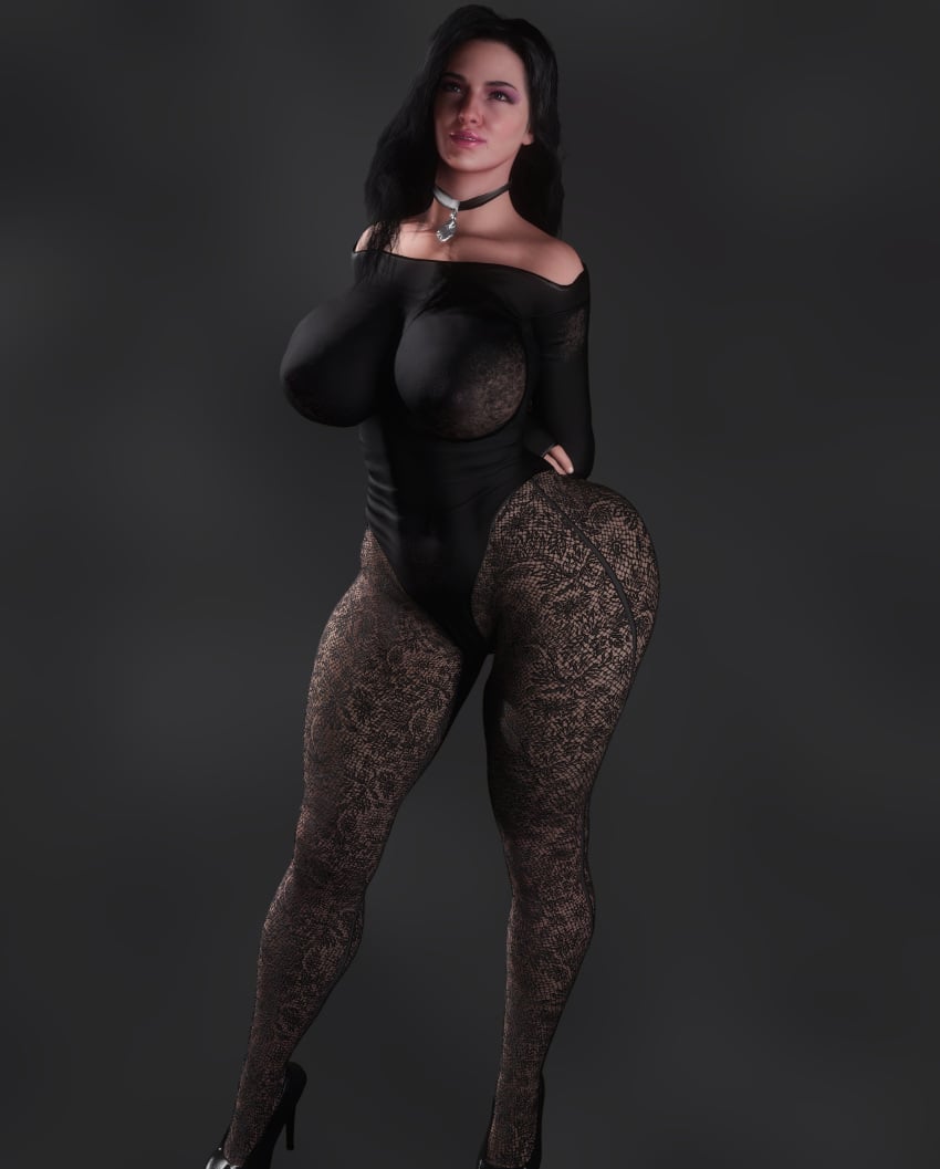 1girls 3d ass big_ass big_breasts black_hair boomoon6 breasts cd_projekt_red choker clothing curvy_body curvy_female female high_heels light-skinned_female light_skin looking_at_viewer mascara necklace nipples_visible_through_clothing pantyhose purple_eyes solo solo_female the_witcher_(series) the_witcher_3:_wild_hunt virt-a-mate wide_hips yennefer