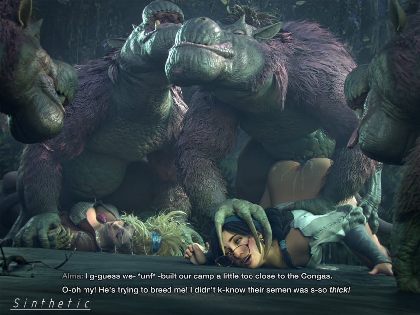 2girls 3d 4boys alma_(monster_hunter_wilds) ape ass blender blender_(software) blonde_hair bottomless braid braided_hair breasts brown_hair clothed clothed_paizuri clothed_sex conga congalala cum cum_drip cum_in_mouth cum_in_pussy cum_inside cum_on_body cum_on_breasts cum_on_face cum_pool curvy_hair dialogue earrings foot_on_leg gemma_(monster_hunter_wilds) glasses glasses_askew green_eyes hand_on_head hazel_eyes interspecies monkey monster monster_hunter monster_hunter_wilds monster_on_female monster_penis mounting nerd nerdy_female orgasm paizuri paizuri_under_clothes penis pink_fur pink_penis pinned pinned_down pleasure_face ponytail sinthetic sweat text_box tongue top-down_bottom-up waiting waiting_for_turn