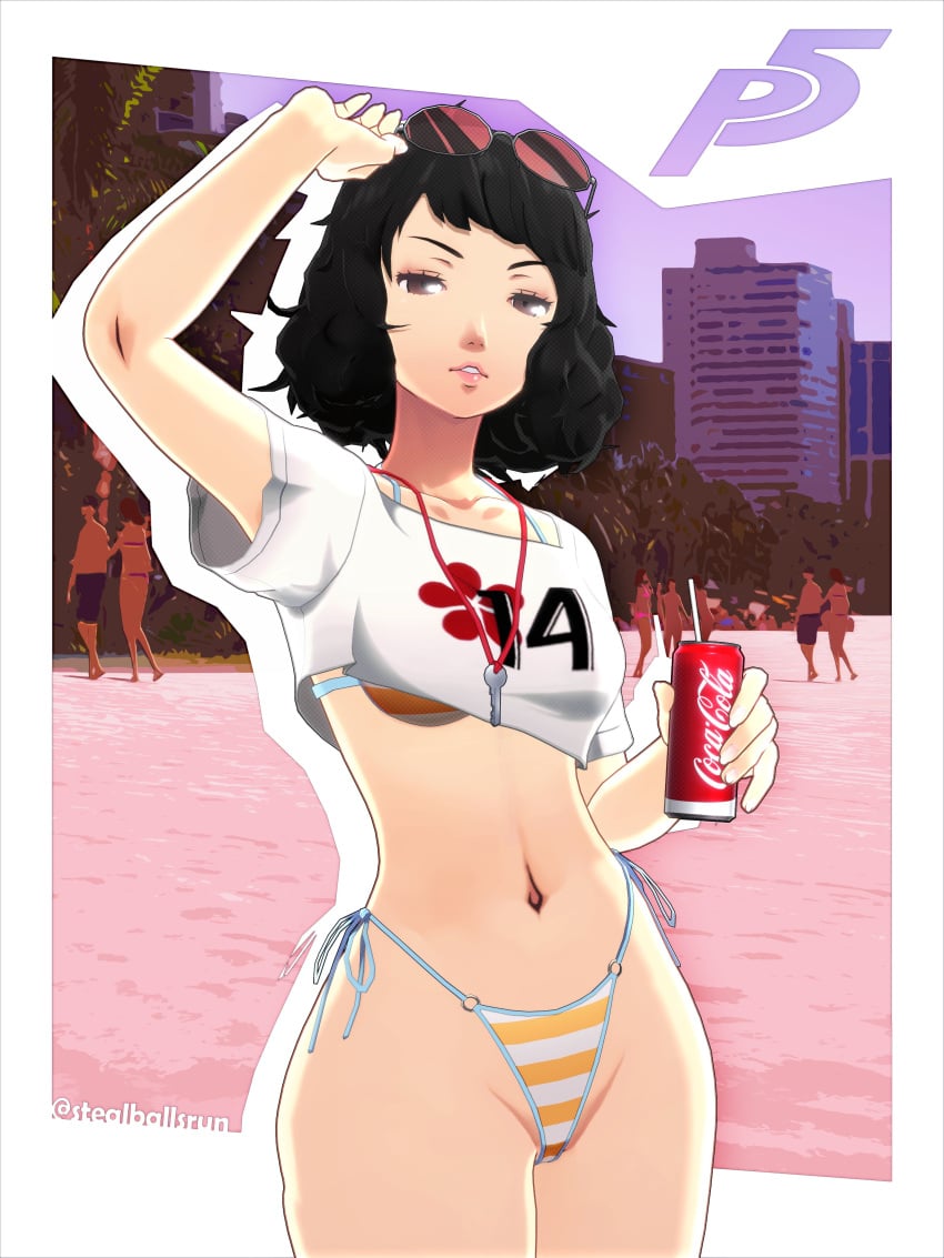 1girls 2026 3d 3d_model artist_name beach black_hair blender coca-cola curly_hair female female_focus female_only fit fit_female gta_vi_cover_girl kawakami_sadayo light-skinned_female light_skin mature_female on_beach persona persona_5 persona_5_royal sadayo_kawakami sadayo_kawakami_(swimsuit) soda_can stealballsrun sunglasses sunglasses_on_head swimwear video_game_character video_games watermark