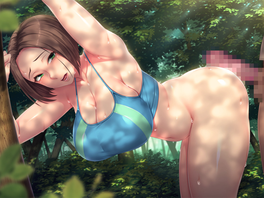 1boy 1girls against_tree ass belly bottomless_female brown_hair censored clothing female game_cg hatsufuji_akari huge_breasts imminent_sex male milf mosaic_censoring orcsoft outdoors penis sports_bra suruga_kuroitsu sweating venus_body voluptuous voluptuous_female yarichin_katei_kyoushi_netori_houkoku