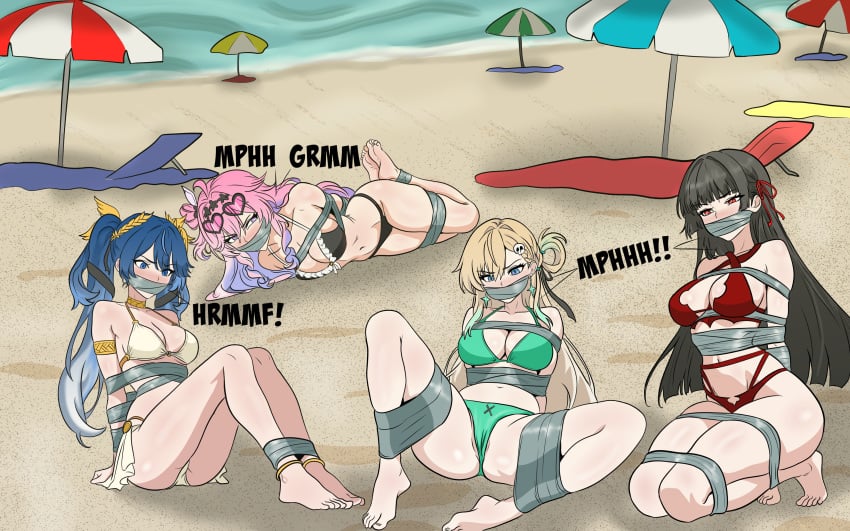 beach bikini bound chisa_(wuthering_waves) denia_(wuthering_waves) gag gagmestudio iuno_(wuthering_waves) lynae_(wuthering_waves) muffled tape_bondage tape_gag wuthering_waves