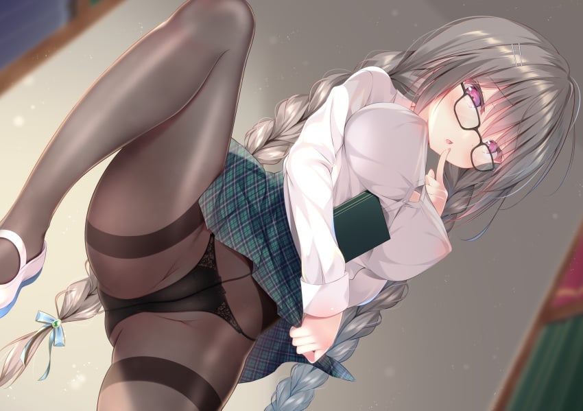 1girl black_lingerie black_panties blush braid braided_hair braided_twintails breasts breasts_out clothed glasses gray_hair highres large_breasts leg_up lingerie long_hair nipple_bulge nipples nipples_visible_through_clothing no_bra original panties pantyhose school_uniform see-through see-through_pantyhose shirt shirt_lift shoes skirt skirt_lift small_but_busty spread_legs straight_hair tied_hair watagashi_yui white_hair