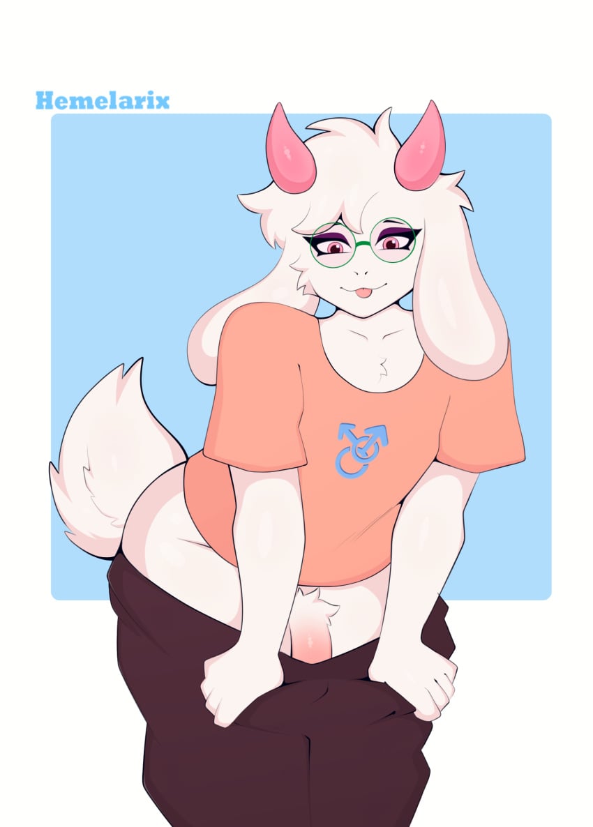 anthro bottomwear bovid caprine clothed clothing deltarune digital_media_(artwork) erection eyewear femboy fluffy fur genitals glasses goat hair hemelarix hi_res horn humanoid_genitalia humanoid_penis looking_at_viewer male mammal nude pants penis presenting ralsei shirt simple_background smile solo tail tongue tongue_out topwear undertale_(series) white_body white_fur