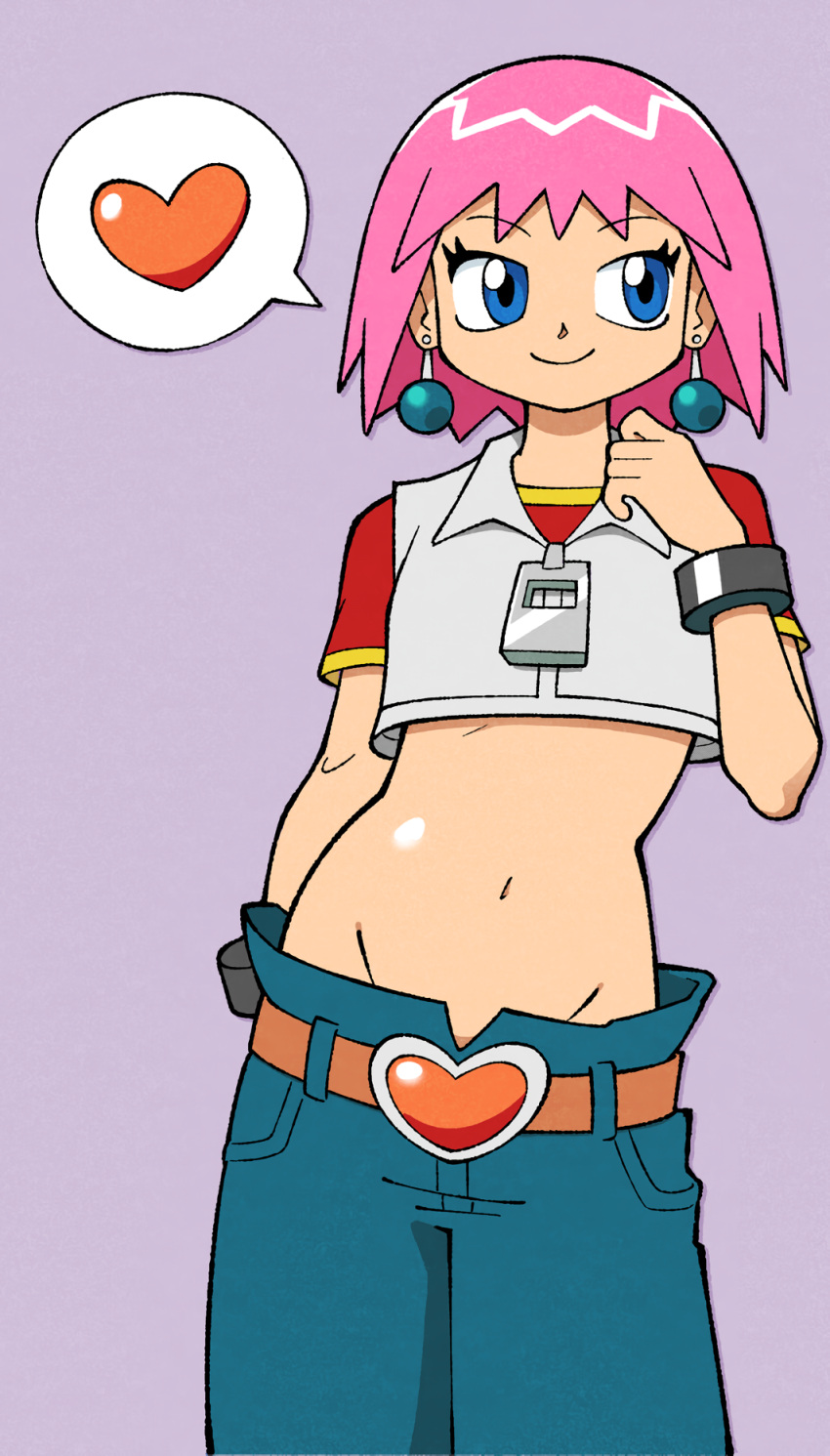 1girls beauty_(bobobo) blue_eyes bobobo-bo_bo-bobo breasts female female_only heart highres legs midriff navel pants pink_hair short_hair short_pink_hair small_breasts smile solo spoken_heart stealth_brock thighs