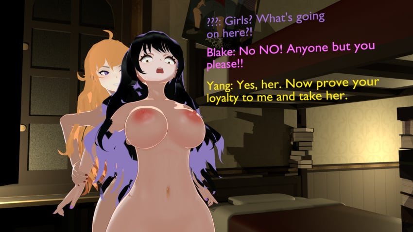 1futa 1girls 3d 3d_(artwork) ass big_ass big_breasts big_penis blake_belladonna blonde_hair forced futanari mind_break naked naked_female naked_futa nude nude_female nude_futa runeiteer rwby scared story_at_source text thick_thighs toned unwilling yang_xiao_long