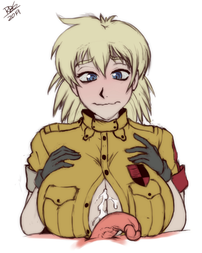 after_paizuri blonde_hair blue_eyes blush breast_squeeze breasts closed_mouth clothing cum cum_on_body cum_on_breasts cum_on_upper_body drawn embarrassed female gloves hellsing hellsing_ultimate highres large_breasts looking_at_viewer lying medium_hair military military_uniform penis pov randomboobguy seras_victoria signature simple_background solo_focus unbuttoned uncensored uniform upper_body vampire white_background