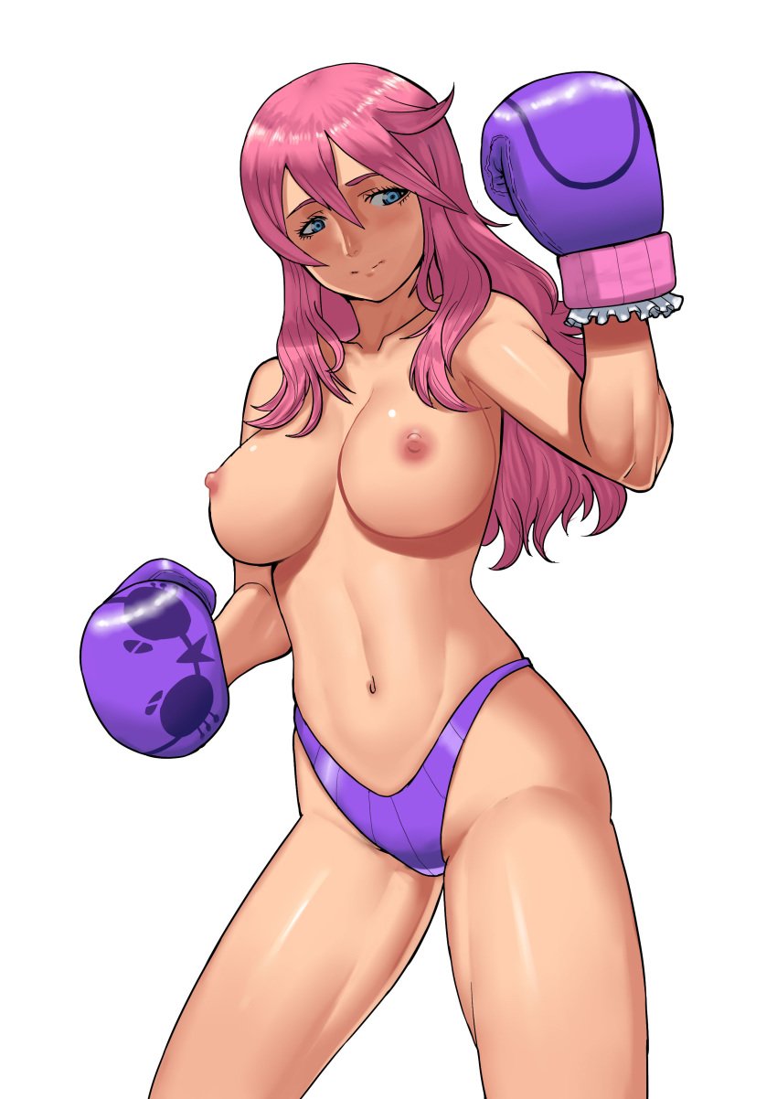 boxing_gloves cessa cowboy_shot female fighting_stance huge_breasts long_hair original pink_hair solo standing topless white_background