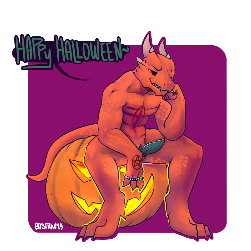 1:1 2019 absurd_res anthro bastriw canid canine digital_media_(artwork) erection fox halloween hi_res holidays horn jack-o'-lantern male mammal nude penis reptile scalie simple_background smile solo