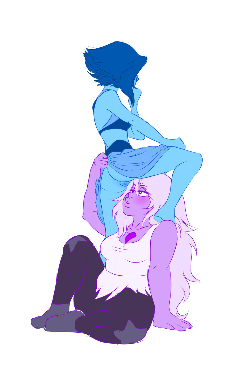 2girls amethyst_(steven_universe) blue_hair blue_skin clothed imminent_cunnilingus imminent_oral imminent_sex lapis_lazuli_(steven_universe) looking_at_pussy nopan purple_skin pussy sitting sketch skirt_lift standing steven_universe white_background xxxubbles yuri