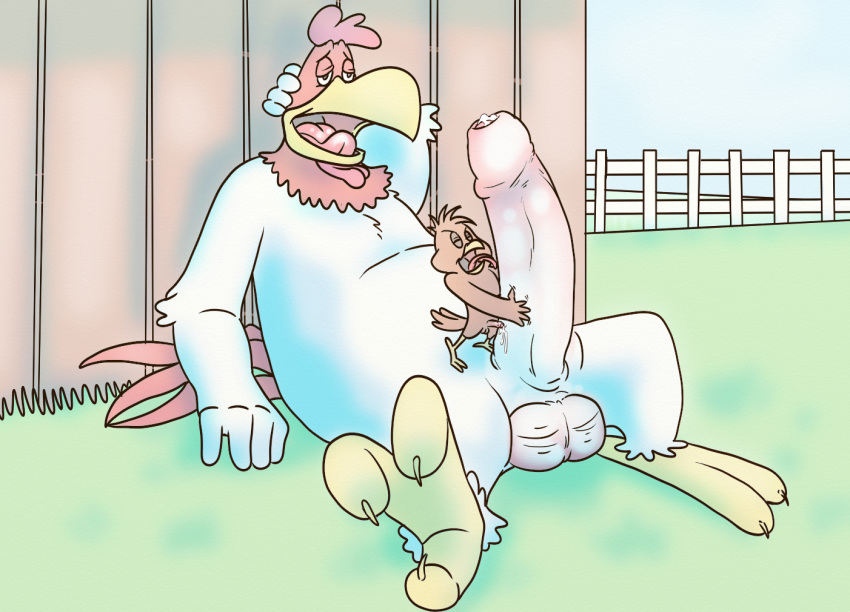 2boys anthro avian balls beak bird bodily_fluids brown_feathers chicken digital_media_(artwork) duo erection eyes_closed foghorn_leghorn galliform gallus_(genus) gay genital_fluids hands_behind_head henry_hawk holding_penis humanoid_penis interspecies lavilovi leghorn_chicken licking_penis looney_tunes male male/male mammal nude oral_sex penis_size_difference penises_touching phasianid precum_bubble precum_drip size_difference small_dom_big_sub soft_feathers spread_legs uncut warner_brothers