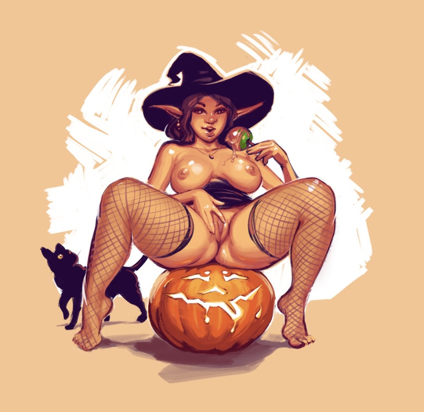 aurelia_(game) feline female fishnet_pantyhose food functionally_nude halloween janet_(aurelia) large_breasts official_art pointy_ears presenting_pussy pumpkin pussy sitting sketch solo spread_legs walnusstinte witch_hat