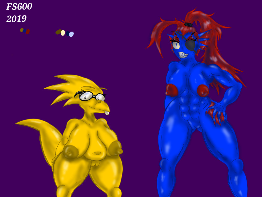 abs alphys anthro big_areola big_breasts big_nipples buckteeth chubby curvy dinosaur duo fish funkysamurai600 glasses height_difference huge_breasts looking_at_viewer monster monster_girl muscular_female plain_background purple_background pussy red_hair reptile seductive sharp_teeth size_difference smile tail undertale undyne webbed_hands wide_hips