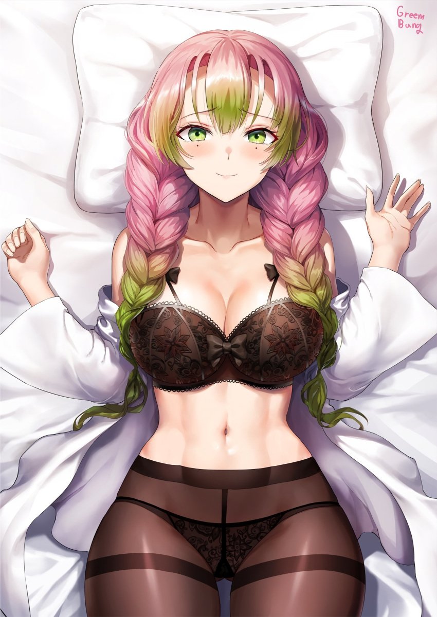 1girls areola_slip areolae ass bag bandage_on_face bangs bed belt black_panties black_underwear blush braided_hair breasts cleavage closed_mouth cowboy_shot demon_slayer female female_only fingernails gradient_hair greem_bang green_eyes green_hair hair_between_eyes haori high_resolution kanroji_mitsuri kimetsu_no_yaiba lace-trimmed_bra large_breasts lingerie long_hair long_sleeves looking_at_viewer mole mole_under_eye multicolored_hair on_back open_clothes open_shirt panties pantyhose pink_hair pink_lips simple_background smile solo thigh_gap thighband_pantyhose thighs tied_hair tri_braids triple_braids twin_braids unbuttoned unbuttoned_shirt underboob underwear very_high_resolution wide_hips