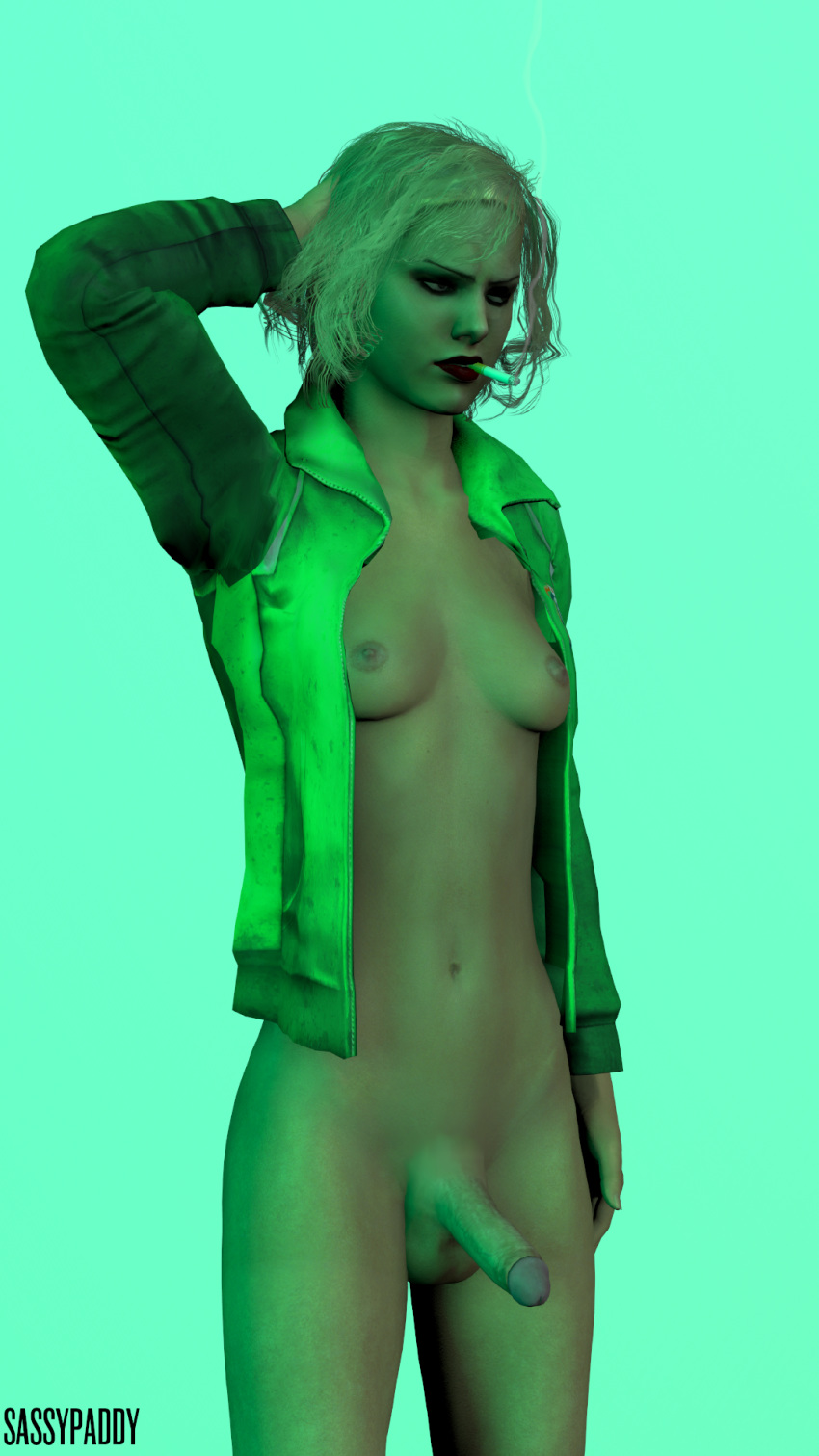 1futa 3d blonde_hair cigarette futa_only futanari intersex jacket left_4_dead penis recolor red_lips sassypaddy solo tagme zoey_(left_4_dead)