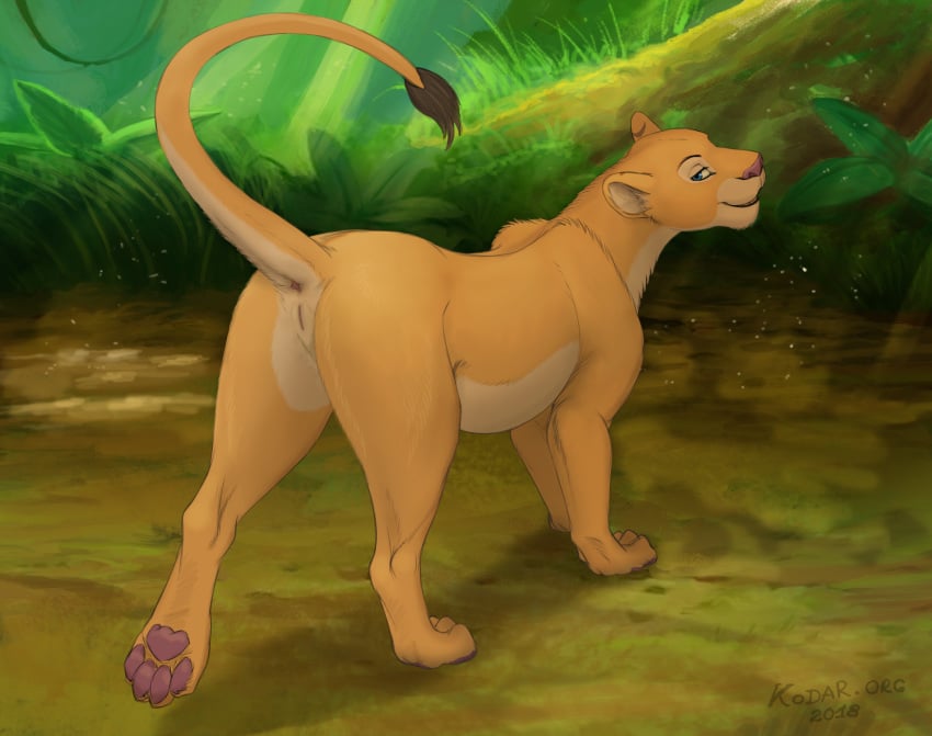 2019 anus blue_eyes detailed_background felid female feral hi_res inviting kodardragon lion looking_at_viewer looking_back mammal one_leg_up pantherine pawpads pussy raised_leg raised_tail seductive solo