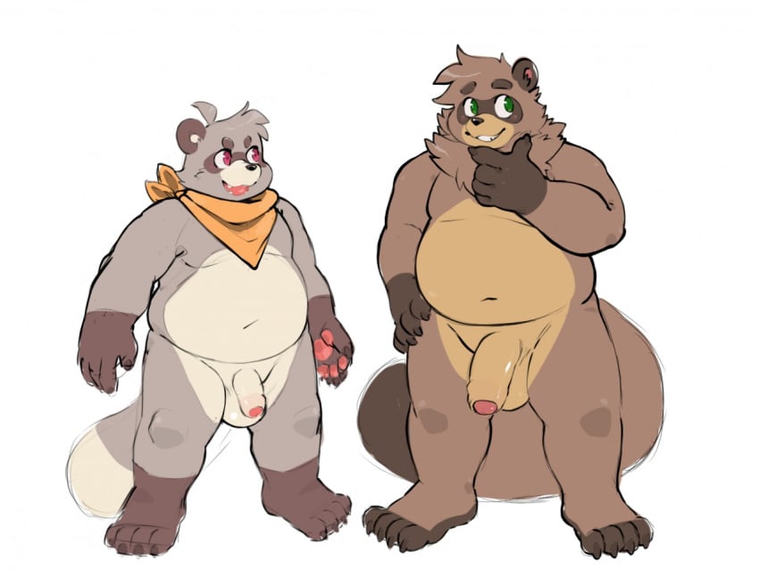 2019 anthro balls belly brown_body brown_fur canid canine duo flaccid fur gazpacho green_eyes humanoid_hands humanoid_penis male male_only mammal navel overweight overweight_male penis raccoon_dog simple_background tanuki white_background