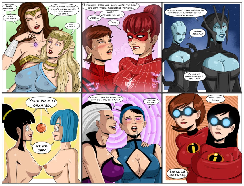 12girls 2d 6+girls alien amazon asari black_hair blonde_hair blue-skinned_female blue-tinted_eyewear blue_hair blue_skin blush bottomless breasts brown_hair bulma_briefs bulma_briefs_(androids'_saga) chichi cleavage cleavage_cutout comic corruption costume crossover dc_comics dialogue disney dragon_ball dragon_ball_z eastern_and_western_character edenian elastigirl expressionless female female_only femdom femsub glowing glowing_eyes goggles happy_trance helen_parr hippolyta human kitana large_breasts liara_t'soni light-skinned_female light_skin long_hair marvel marvel_comics mary_jane_watson mask mass_effect matriarch_benezia mature_female milf mind_control mortal_kombat mother_and_daughter multicolored_hair multiple_girls naked nipples nude open_mouth panels pheromones pixar polmanning short_hair sindel smile smooth_skin spider-girl spider-man_(series) spinneret_(mary_jane_watson) spiral_eyes superhero superheroine tech_control text the_incredibles the_incredibles_2 tinted_eyewear topless violet_parr voluptuous western white_hair whitewash_eyes wonder_woman wonder_woman_(series) yuri