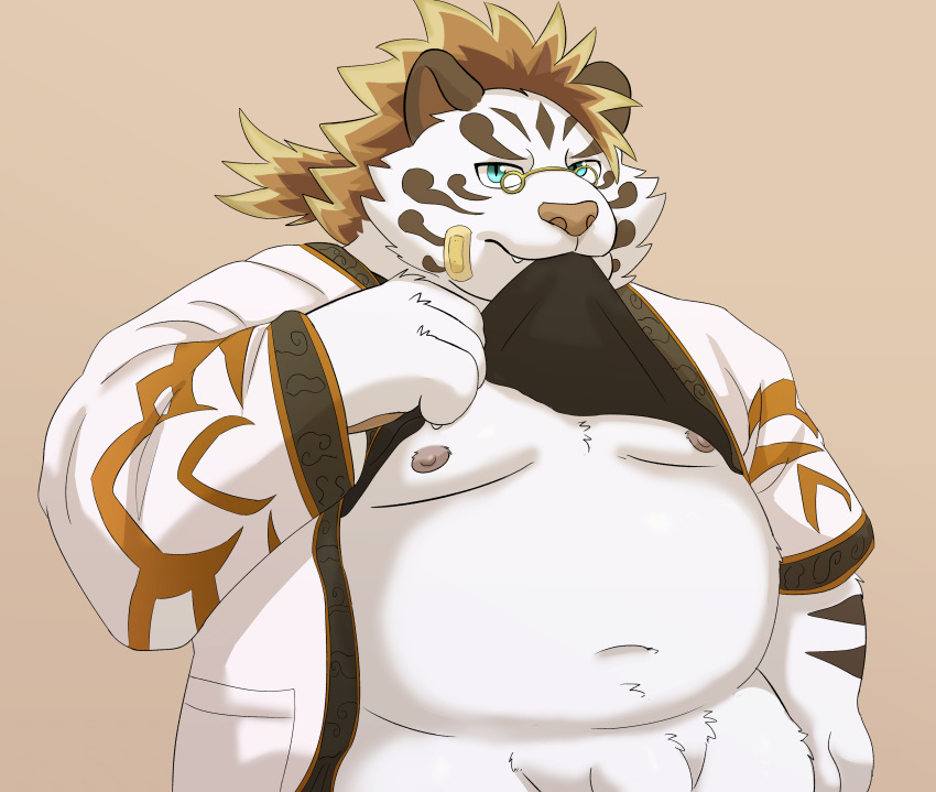 2019 absurd_res anthro balls belly blue_eyes clothing dasoowolf eyewear felid flaccid fur glasses hi_res humanoid_hands licho_(tokyo_afterschool_summoners) male male_only mammal moobs navel nipples overweight overweight_male pantherine penis shirt simple_background solo tiger tokyo_afterschool_summoners topwear video_games white_body white_fur