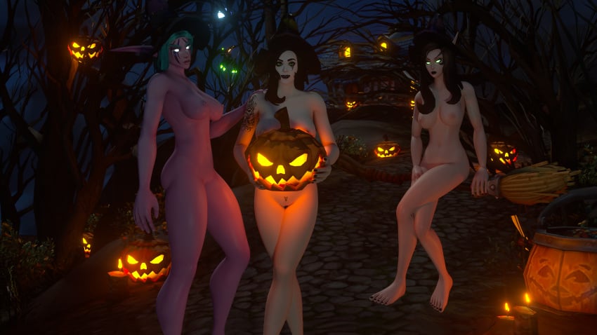 2019 3d 3girls black_hair black_toenails blizzard_entertainment blood_elf crossed_legs female female_only green_eyes green_hair hallow's_end halloween headless_horseman human human_(warcraft) human_(world_of_warcraft) human_warlock looking_at_viewer night night_elf nude original_character outside pink_skin pumpkin standing warcraft warlock warlock_(warcraft) witch_hat world_of_warcraft zentaeron zentaria_blackwood