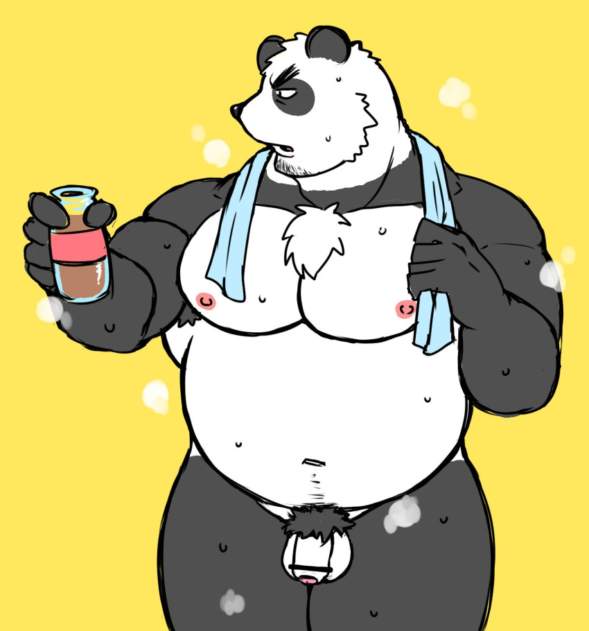 2019 anthro balls bashira_o black_body black_fur flaccid fur giant_panda hi_res humanoid_hands male male_only mammal moobs navel nipples overweight overweight_male penis pubes simple_background solo towel ursid weat white_body white_fur yellow_background