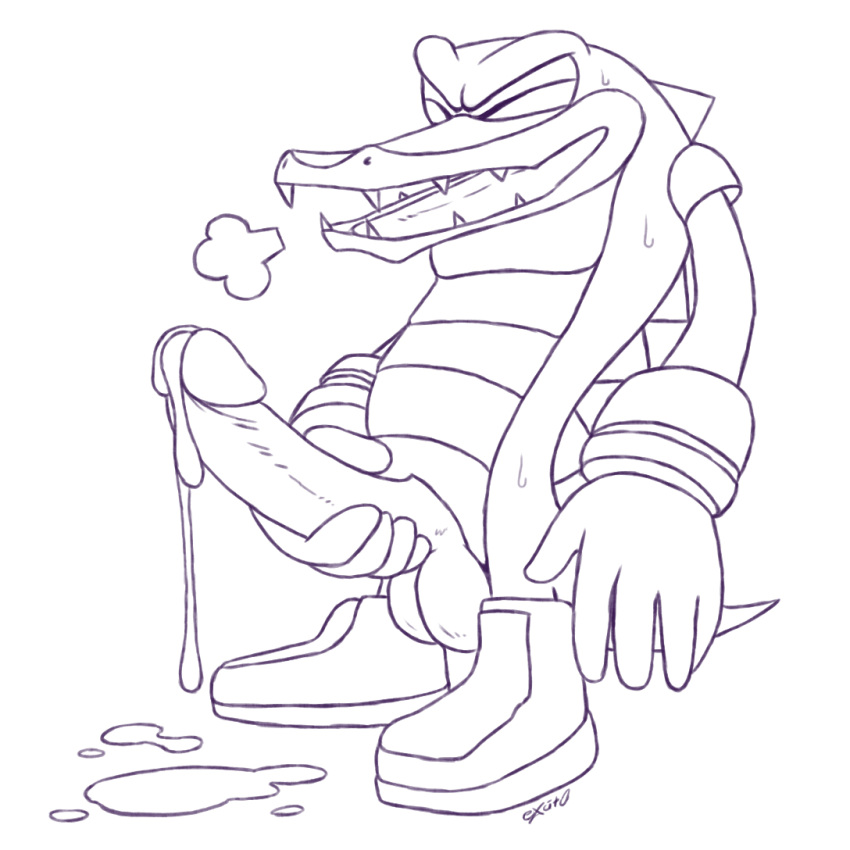 2019 anthro balls big_balls big_penis bodily_fluids boots breath closed_eyes clothing crocodile crocodilian crocodylid cum cum_drip cum_on_ground digital_media_(artwork) dripping ejaculation excito footwear genital_fluids male male_only masturbation monochrome mostly_nude open_mouth penile penile_masturbation penis reptile scalie sharp_teeth signature solo sonic_(series) standing sweat teeth vector_the_crocodile