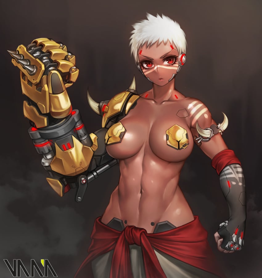 1girls abs arm_at_side armlet artist_name baggy_pants bare_shoulders biceps blizzard_entertainment bodypaint breasts breasts_apart brown_lipstick clavicle clenched_hand clenched_hands covered_nipples cowboy_shot cyborg dark-skinned_female dark_skin doomfist doomfist_(female) elbow_gloves eyelashes facepaint facial_mark female female_only fingerless_gloves genderswap_(mtf) gloves groin hand_up headgear jewelry large_breasts lips lipstick looking_at_viewer makeup midriff muscular muscular_female navel overwatch pants parted_lips pasties power_fist red_eyes robot_ears rule_63 short_hair shoulder_spikes solo solo_female spikes standing stomach thighs toned topless upper_body vana very_dark_skin white_hair white_pants