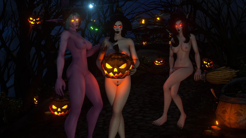 2019 3d 3girls black_hair black_toenails blizzard_entertainment blood_elf crossed_legs female female_only green_hair hallow's_end halloween headless_horseman human human_(warcraft) human_(world_of_warcraft) human_warlock looking_at_viewer night night_elf nude original_character outside pink_skin pumpkin red_eyes standing vampire_teeth warcraft warlock warlock_(warcraft) witch_hat world_of_warcraft zentaeron zentaria_blackwood