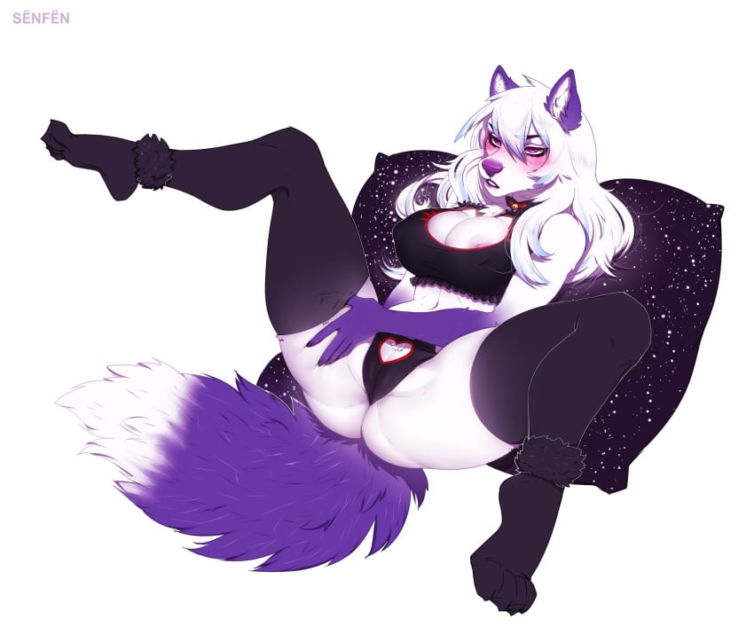 anthro blush bra breasts camel_toe canid canine clothed clothing dipstick_tail female fox fur gloves_(marking) hair hand_on_thigh heart hi_res legwear lingerie mammal markings multicolored_tail nipples panties purple_body purple_fur purple_nose reclining senfen simple_background solo spread_legs spreading stockings thigh_highs underwear white_background white_body white_fur white_hair xngfng95