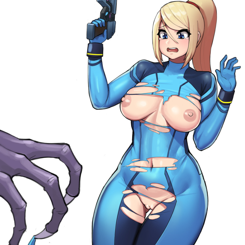 big_breasts blonde_hair blue_eyes bodysuit breasts breasts_out claw cowboy_shot donburikazoku exposed_breasts exposed_pussy female firearm gloves hairless_pussy handgun human interspecies large_breasts latex male metroid navel nintendo pale_skin pistol ponytail pussy ridley samus_aran skin_tight torn_bodysuit torn_clothes weapon white_background wristwear zero_suit zero_suit_samus