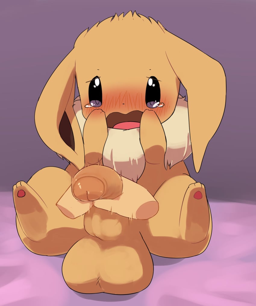 1boy 3_toes ambiguous_gender big_penis big_testicles black_eyes blush bodily_fluids brown_body brown_fur chest_tuft disembodied_hand disembodied_hands ears_down eevee feral fur furry handjob hi_res humanoid_penis long_ears looking_at_viewer male nintendo open_mouth pawpads penile penis pink_pawpads pivoted_ears pokémon_(species) pokemon pokemon_rgby pov size_difference smaller_male solo_focus spread_legs spreading tears testicles toes tongue tuft video_games xmu