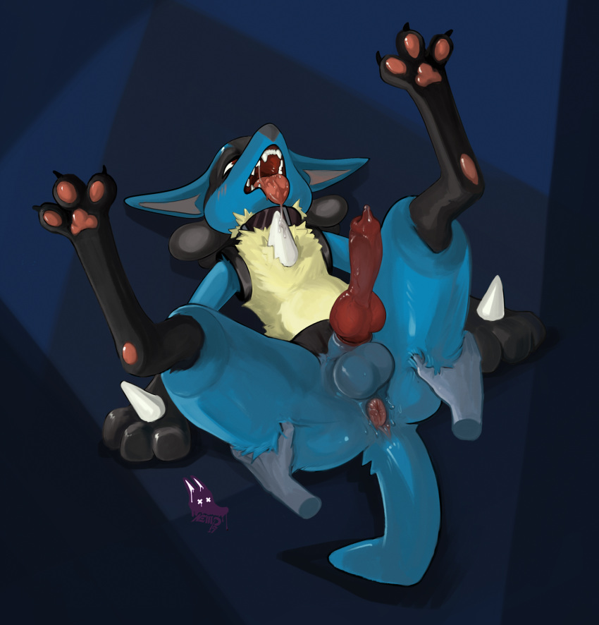 1boy 2019 3_toes ambiguous_gender animal_genitalia animal_penis anthro anus ass ass_grab barefoot big_penis black_body black_fur black_skin blue_background blue_body blue_fur blush bodily_fluids canine canine_penis claws collar cum cum_on_penis disembodied_hand disembodied_hands drooling erection fangs feet fur furry genital_fluids hand_on_ass hi_res hind_legs knot legs_up long_ears long_penis looking_up lucario lying male male_focus male_only mammal newd nintendo no_nipples nude on_back on_ground open_mouth pawpads paws penis pink_anus pokemon pokemon_(species) pokemon_dppt pose pov precum presenting presenting_anus presenting_hindquarters presenting_penis puffy_anus raised_leg red_eyes red_penis red_tongue saliva sharp_claws sharp_teeth sheath sketch soles solo_focus spikes spread_ass spread_legs spreading tail tan_body tan_fur teeth testicles text toe_claws tongue tongue_out veins veiny_penis video_games watermark wet yellow_fur