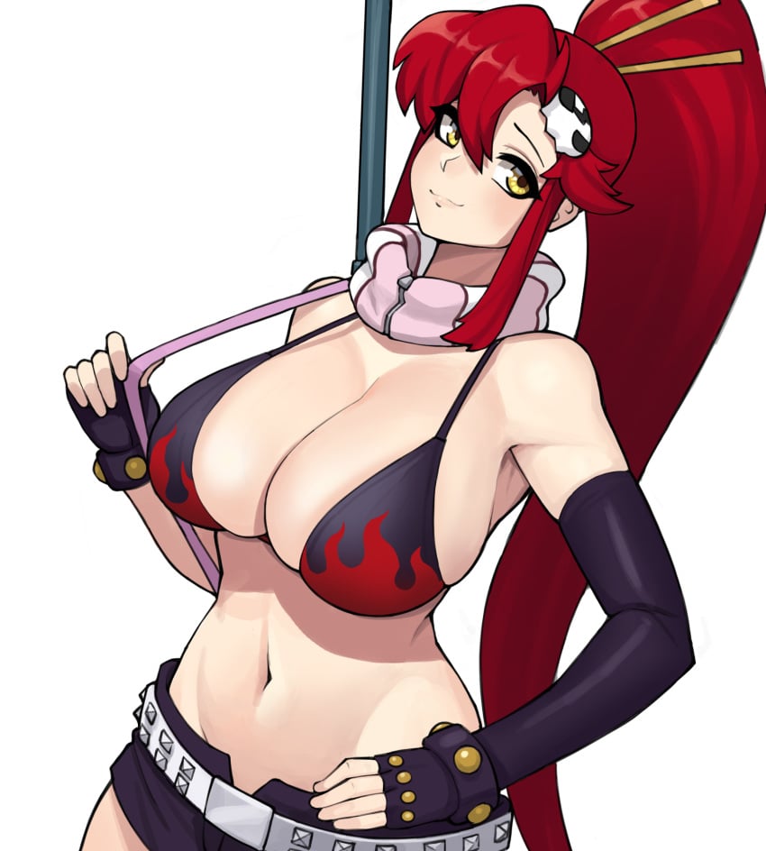 bikini_top cleavage clothed donburikazoku female female_only flame_print huge_breasts looking_at_viewer ponytail pose red_hair skindentation solo tengen_toppa_gurren_lagann white_background yellow_eyes yoko_littner