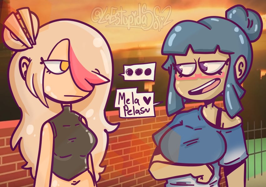 azrielart bare_shoulders blue_hair breasts fnafhs fnafhs_z3ro laestupidasofi lily_(fnafhs) meg_(fnafhs) purple_eyes sofiart tagme white_hair yellow_eyes