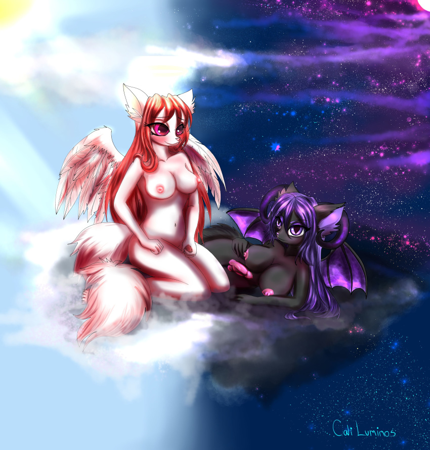 :3 absurd_res angel animal_genitalia anthro artemis_tsukino balls big_breasts big_eyes black_body black_fur blush breasts cali_pona cloud day demon domestic_cat duo erect_nipples felid feline felis female fur gynomorph hair halo hi_res horn inner_ear_fluff intersex kneeling long_hair long_tail lying mammal moon night nipples nude on_side penis pink_eyes pink_hair pink_nipples pink_nose pink_penis purple_eyes purple_hair simetra_kuro sky star sun tuft white_body white_fur wings