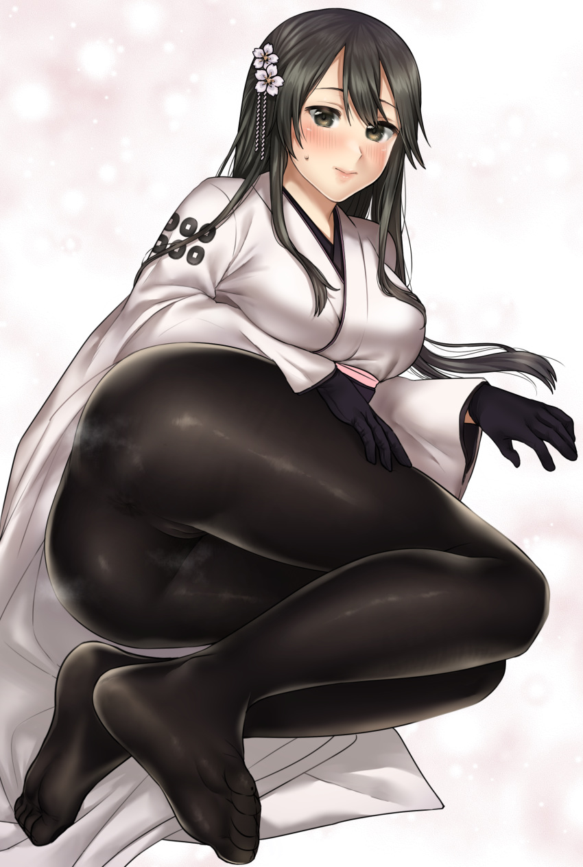 absurdres anus ass bangs black_eyes black_gloves black_hair blush breasts closed_mouth covered_anus crossed_bangs female flower full_body furisode gloves hair_between_eyes hair_flower hair_ornament haruna_(kantai_collection) highres japanese_clothes kantai_collection kimono large_breasts lips long_hair long_sleeves looking_at_viewer miyotarou no_panties no_shoes obi pantyhose pussy sash see-through solo thighs toes wide_sleeves