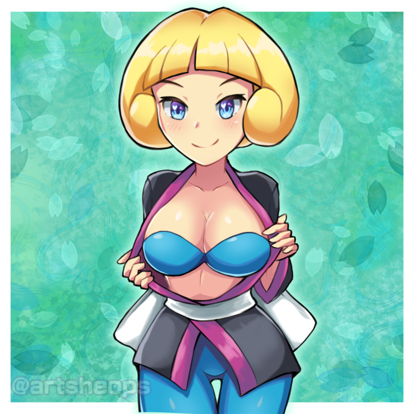 1girls alternate_breast_size artsheops big_breasts bra cleavage eye_contact frontier_brain greta_(pokemon) kimono looking_at_viewer nintendo pokemon pokemon_rse short_blonde_hair solo thigh_gap watermark wide_hips