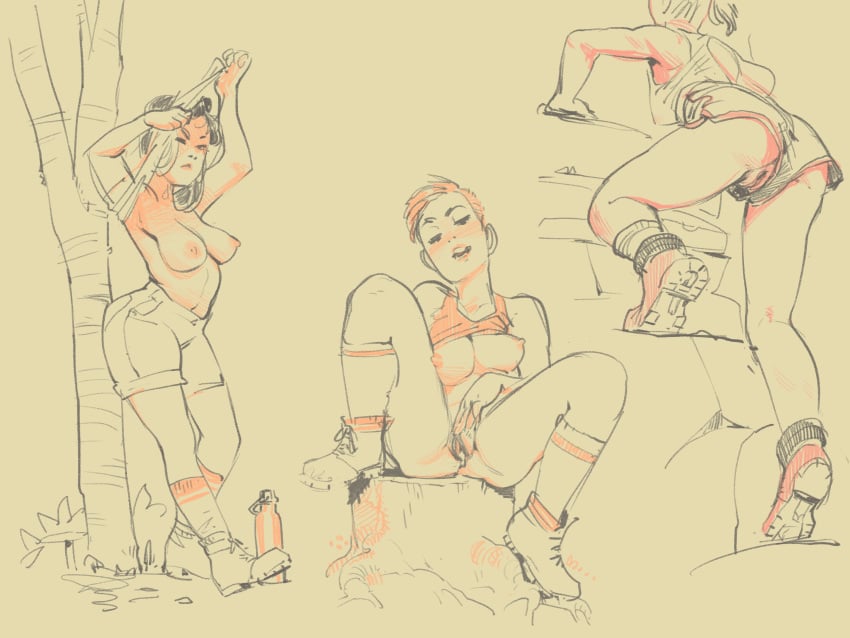 3girls below_view boots breasts clothing female fingering hiking large_breasts limited_palette masturbation naked_boots nude open_mouth outdoors peaking pussy rough_sketch shirt shirt_lift sitting sketch spread_legs tomboy undressing wintonkidd