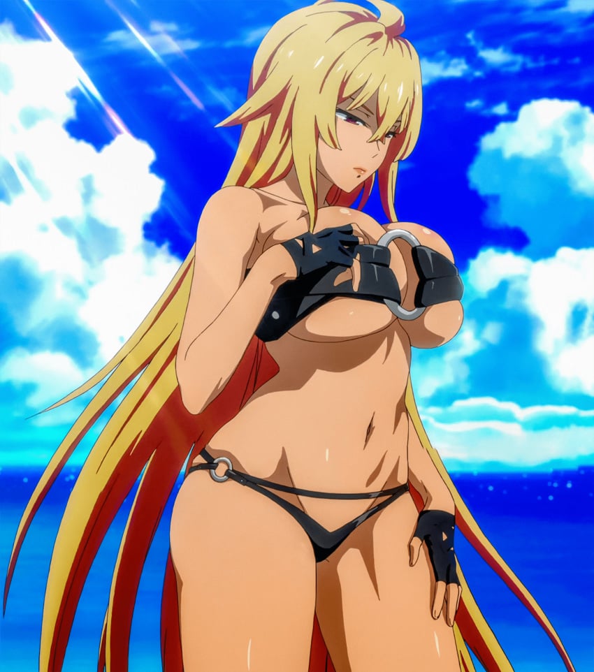 beach bikini blonde_hair dark_skin female huge_breasts long_hair micro_bikini outdoor screencap shikishima_mirei stitched thick_thighs third-party_edit underwear valkyrie_drive valkyrie_drive_-mermaid-