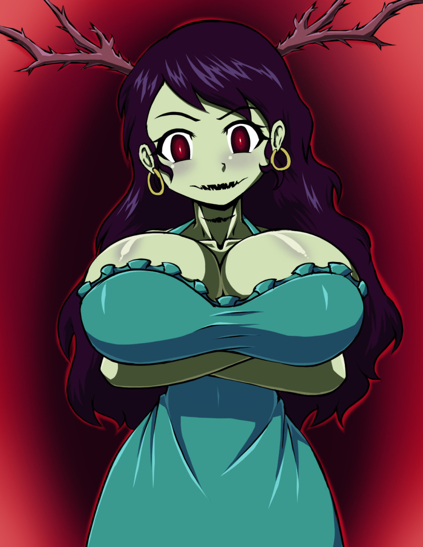 antlers arms_crossed big_breasts black_hair blue_dress blue_skin breasts crossed_arms dress earrings lubella_dim momodora momodora:_reverie_under_the_moonlight red_eyes sharp_teeth simple_background smile smiling